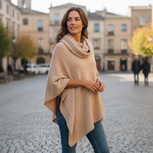 Tan Cowl Neck Poncho Merino Wool Blend One Size Asymmetrical Boho
